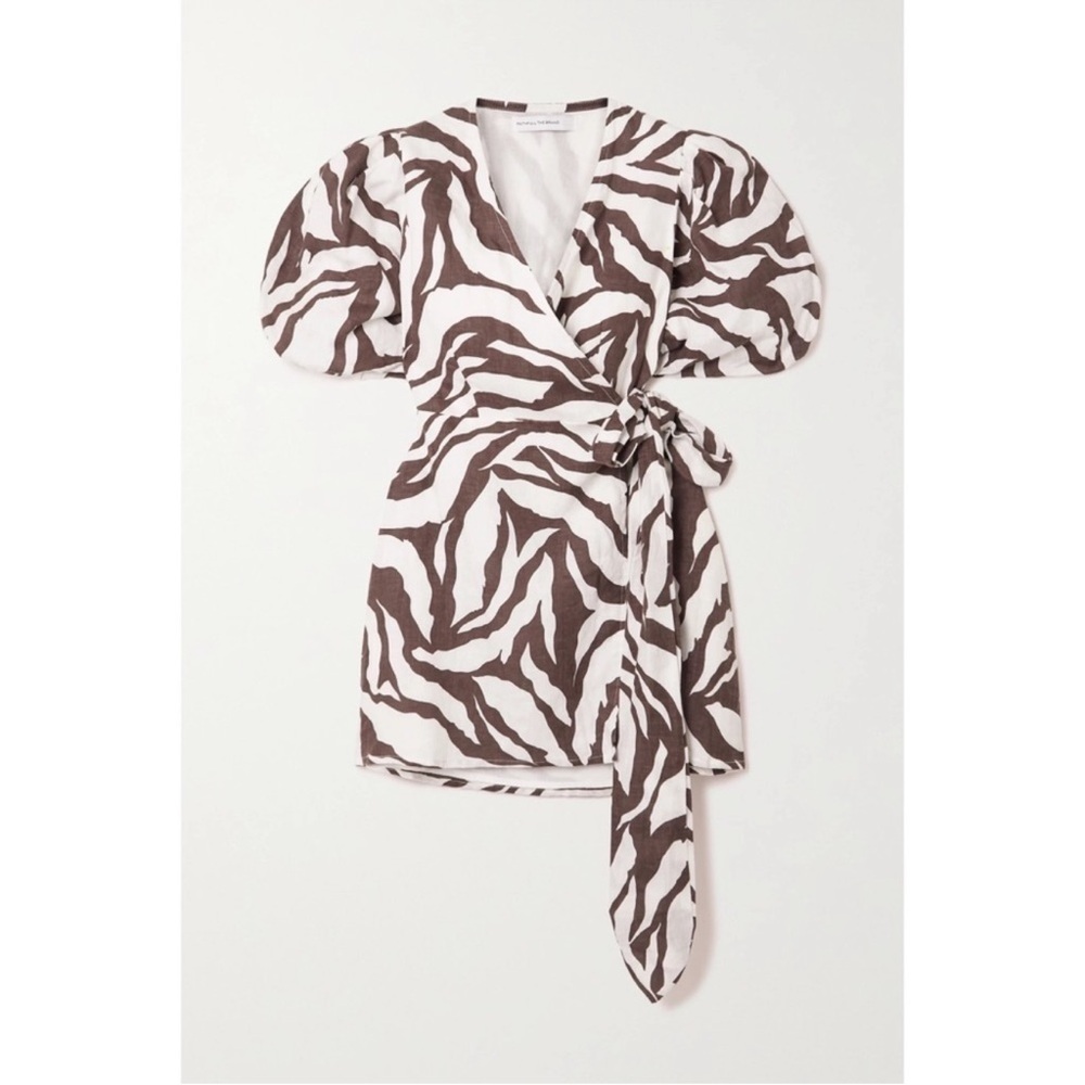 Faithful the Brand Godiva Zebra Animal
Print Sustained Linen Wrap Mini dress